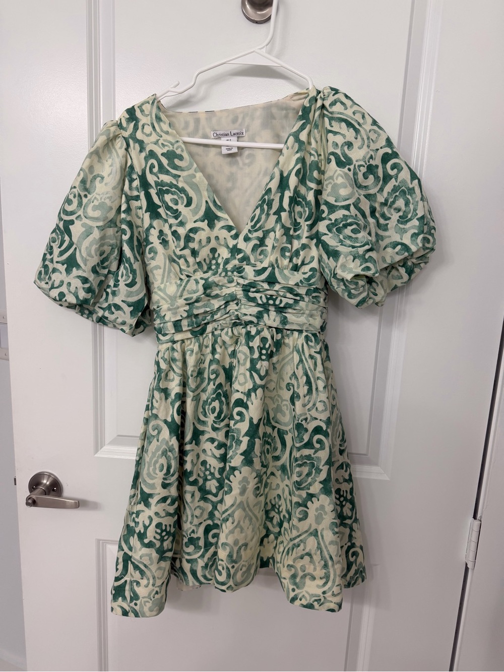 Christian Lacroix Green and Cream Floral Puff-Sleeve Dress